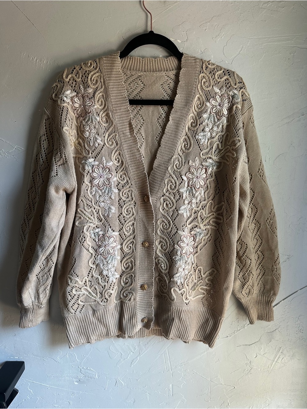 Vintage Embroidered Floral Lace Knit Cardigan Sweater Cottagecore Romantic - Picture 2 of 10